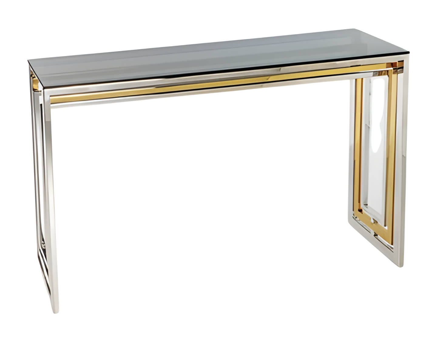 Modern console table made of metal and glass in gray.