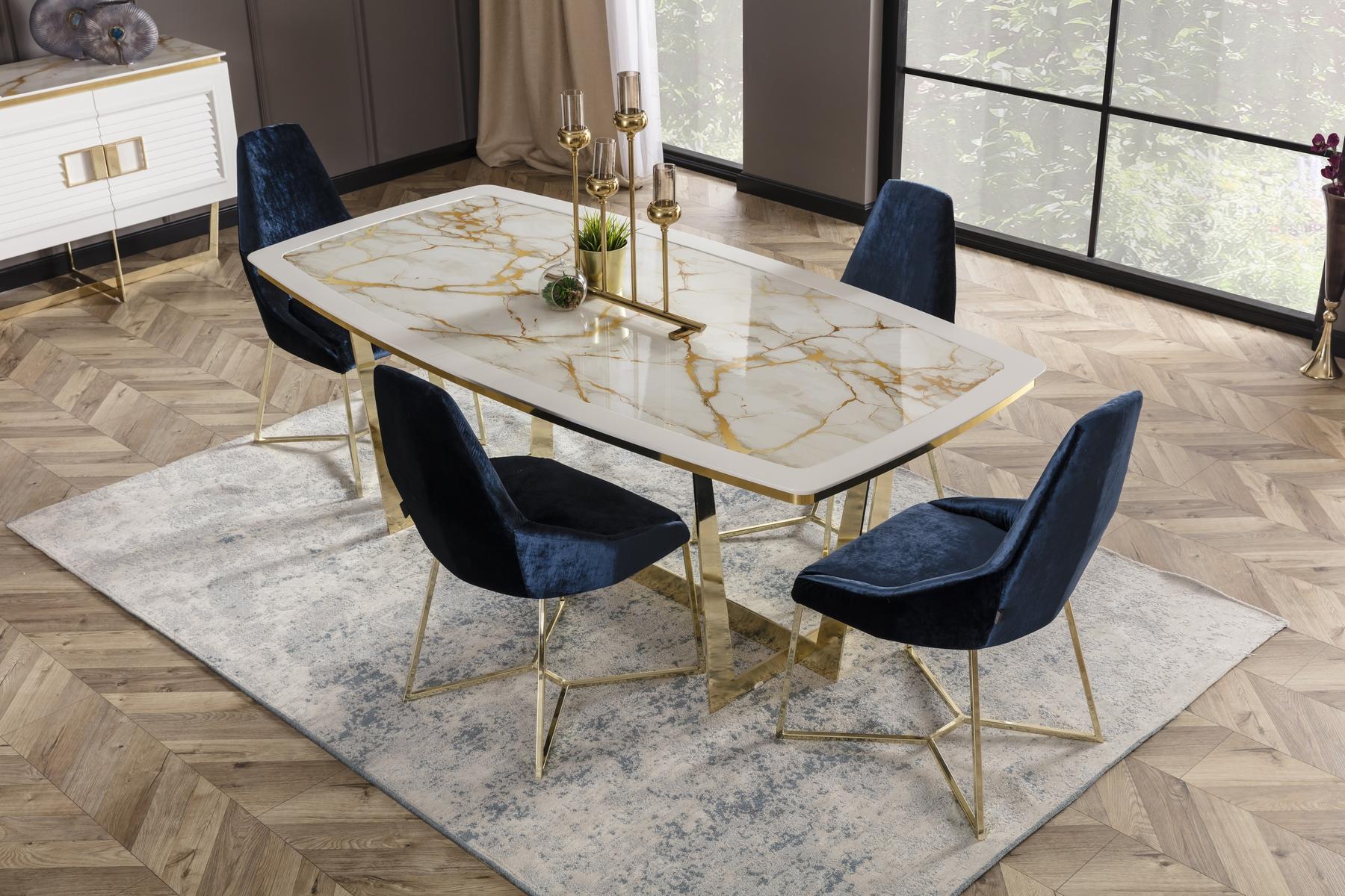 White modern dining table made of wood and metal.