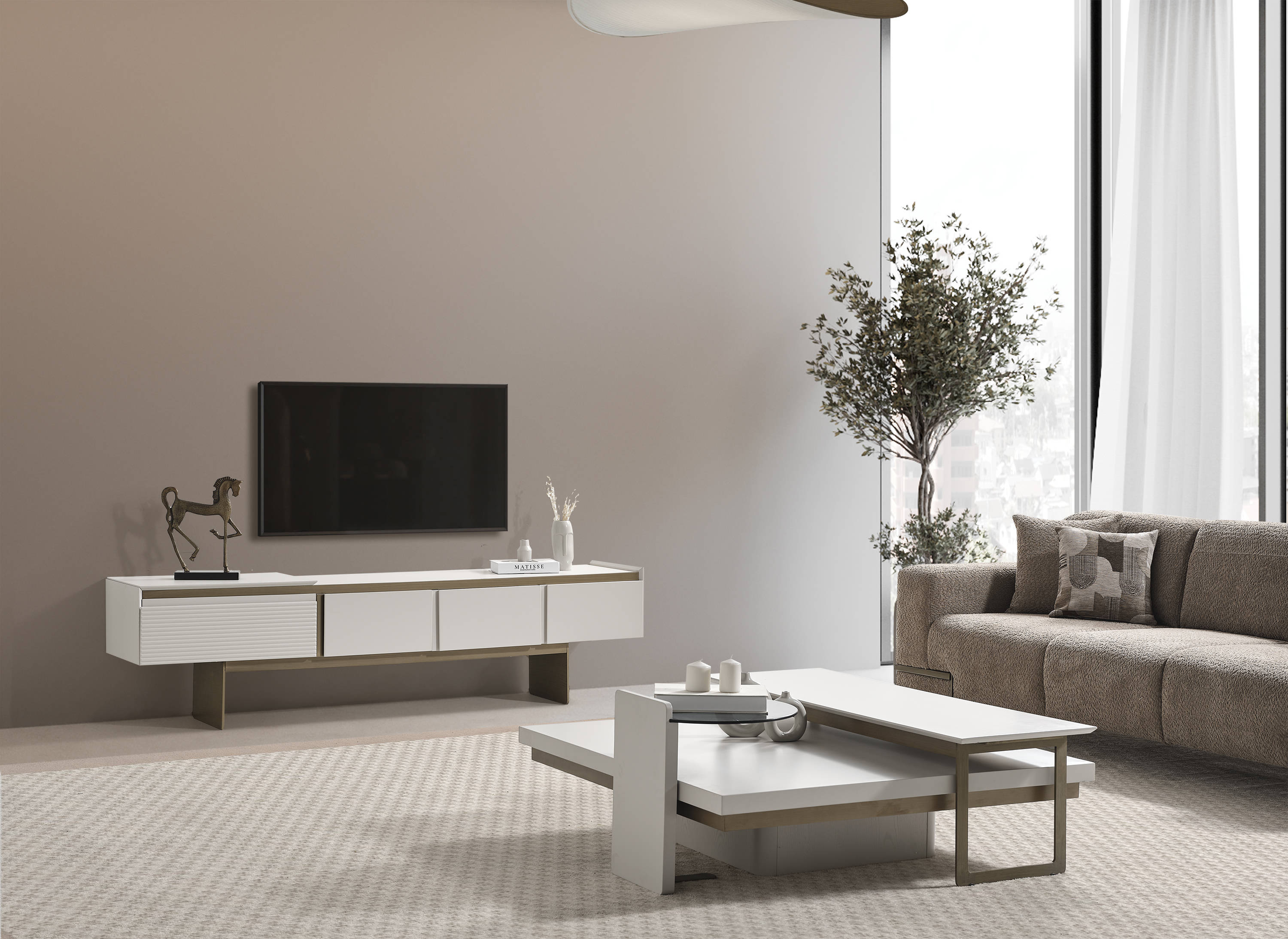 Modern wooden TV stand in beige for the living room.