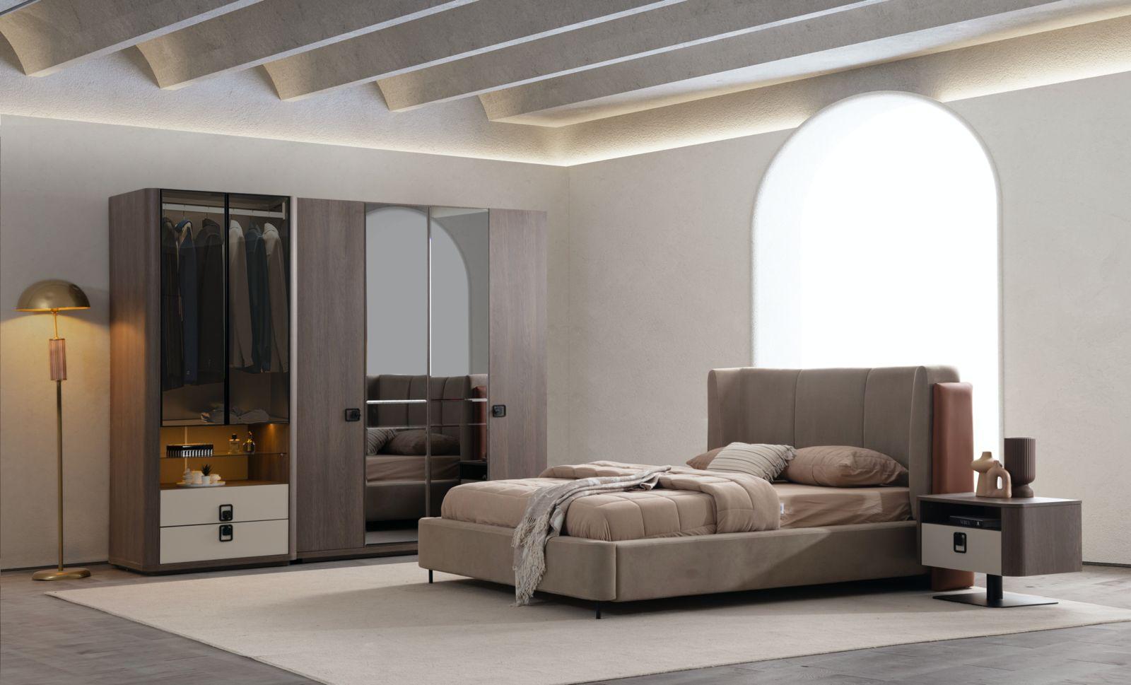 Bedroom Set Brown Wood Modern with Bed, Wardrobe