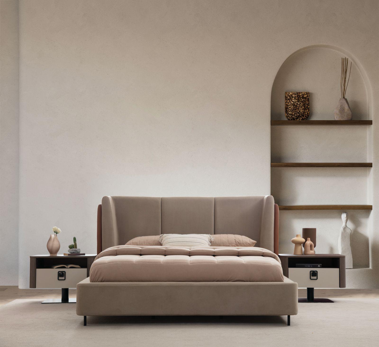 Bedroom set in brown wood with bed and nightstands.