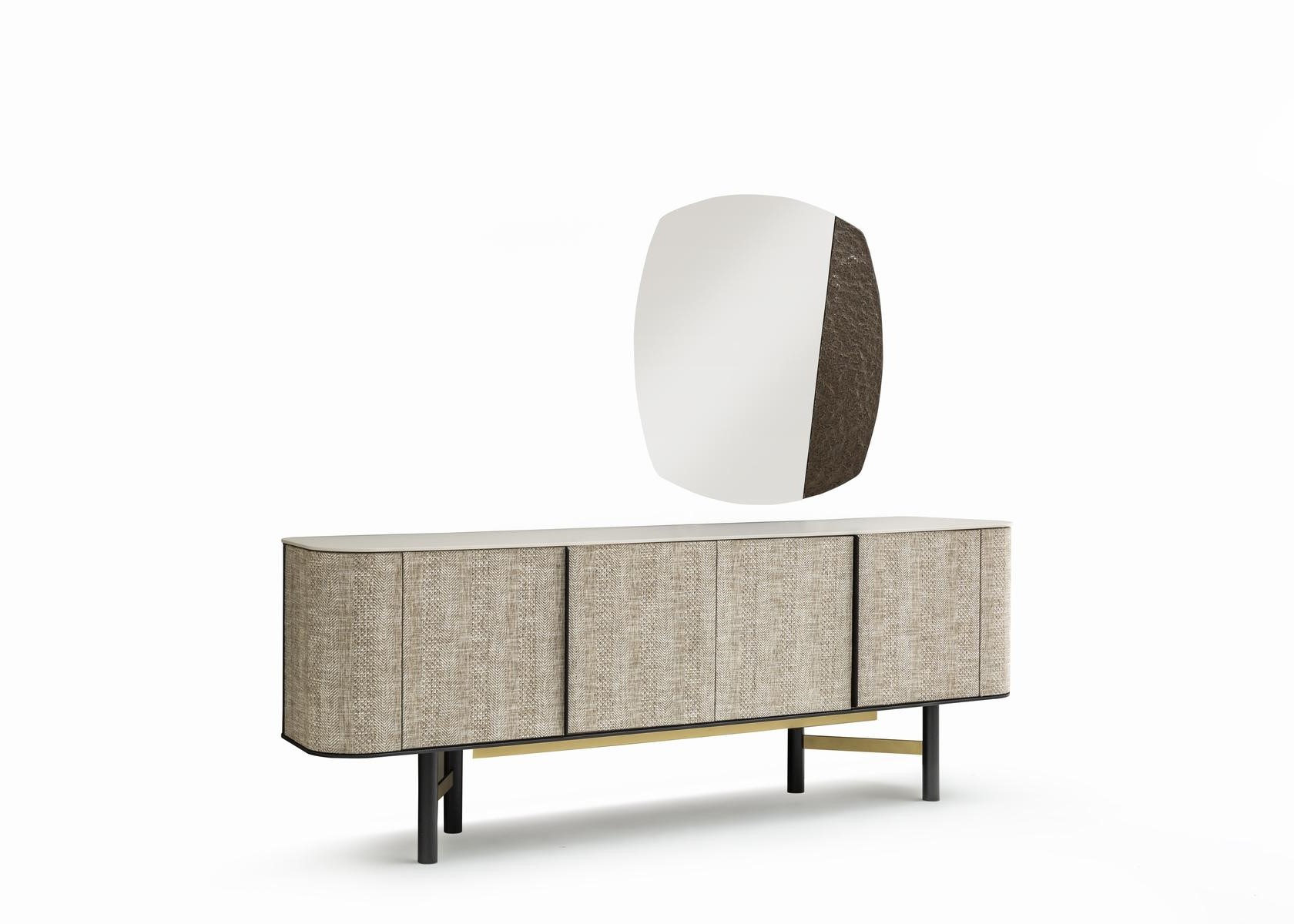 Elegant beige sideboard with mirror made of wood and glass.