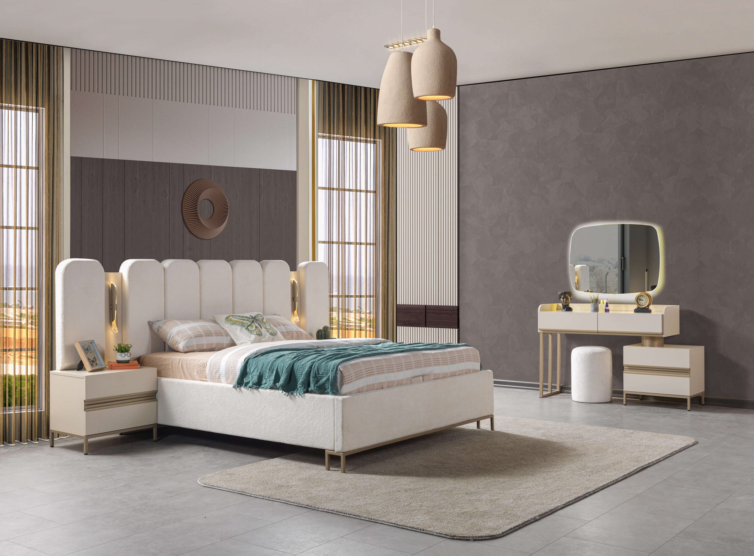 Complete bedroom set with dresser, mirror, bed, and nightstands.