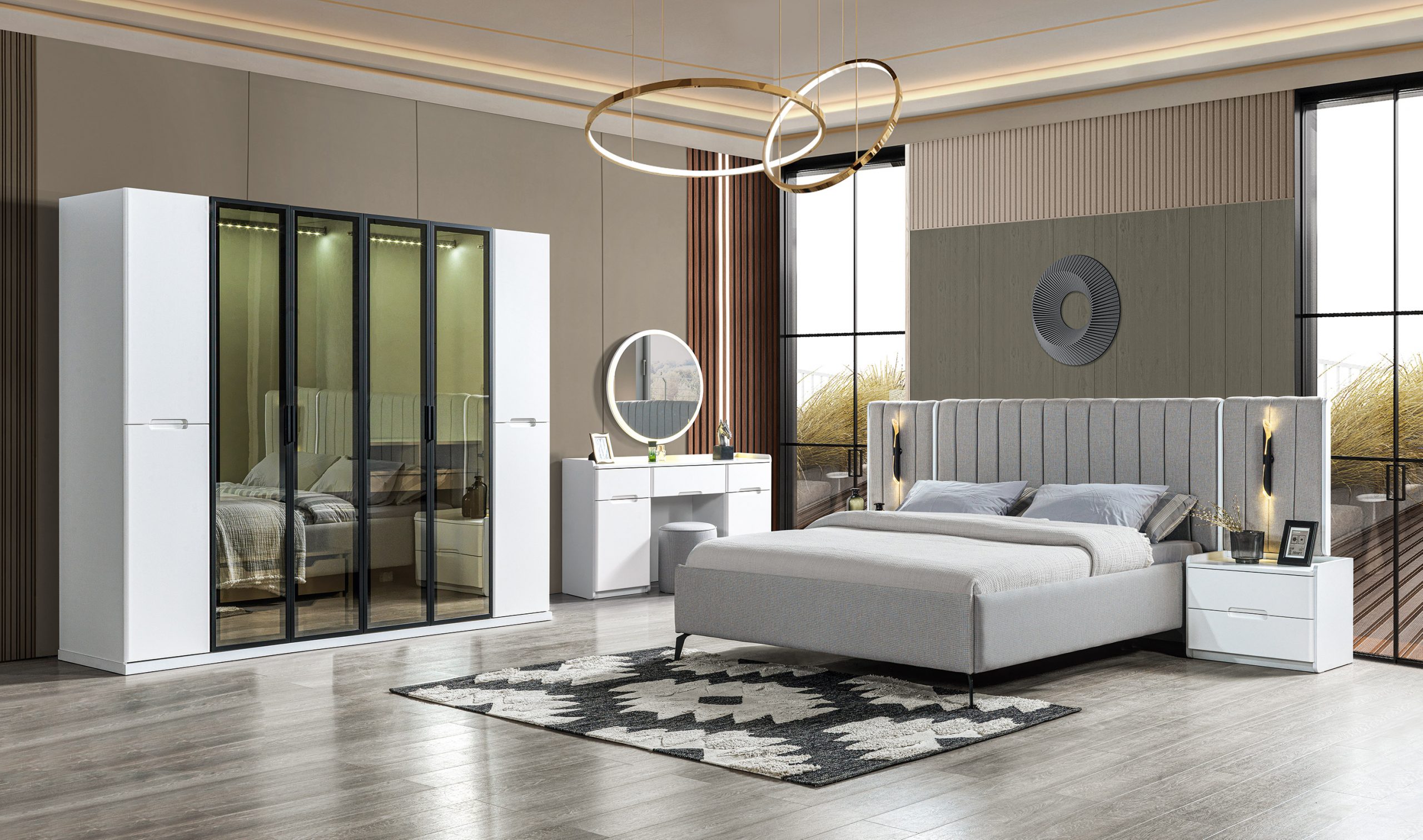 Complete Bedroom 4-Piece Set Bed Wardrobe Nightstands Wood 6-Piece