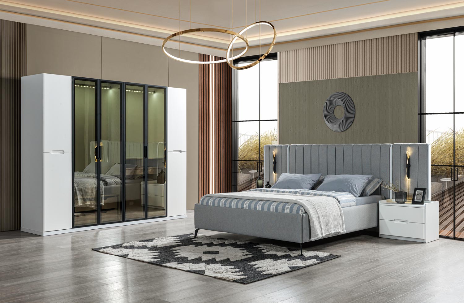 Complete Bedroom 4-Piece Set Bed Wardrobe Nightstands Wood