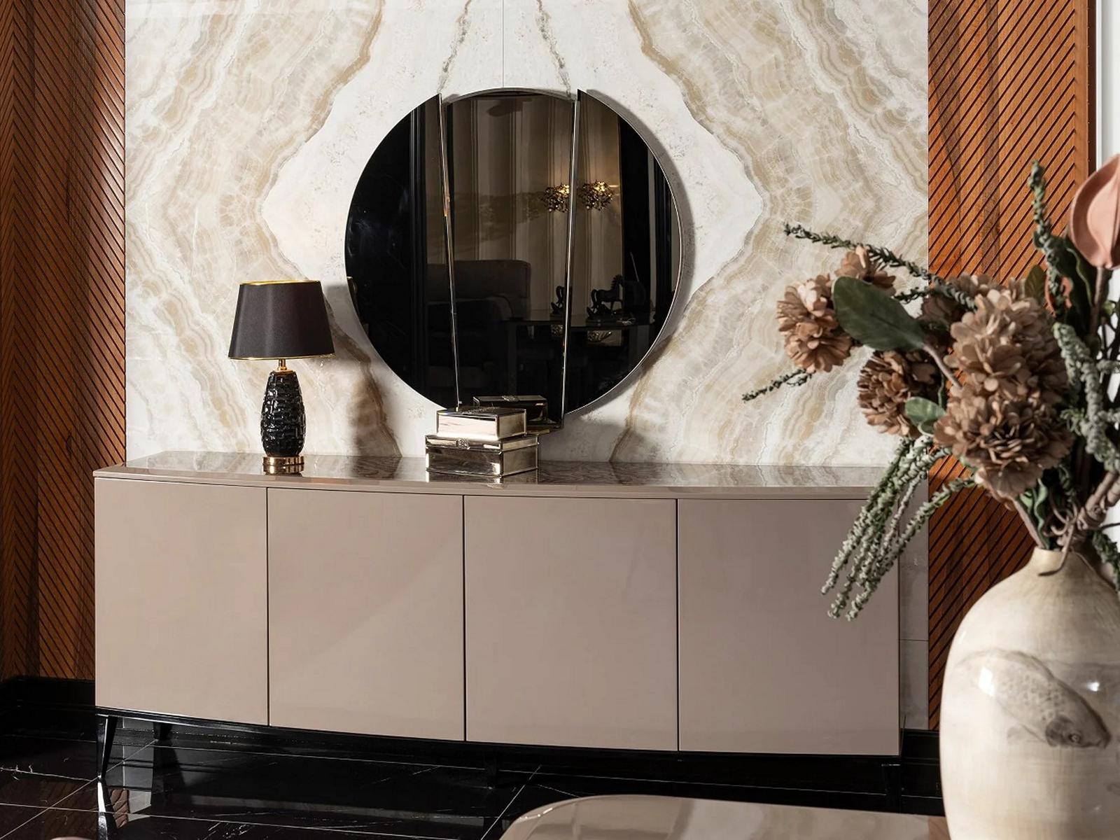 Elegant beige wooden mirror and sideboard in modern design.