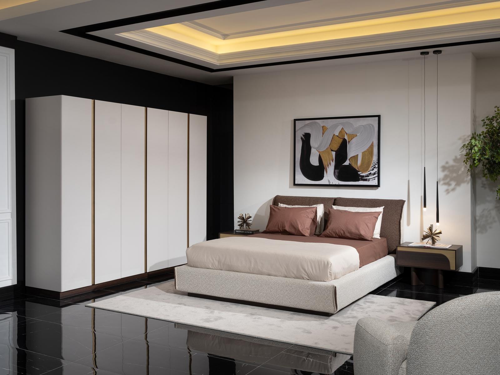 Elegant bedroom set made of wood and textile in brown.