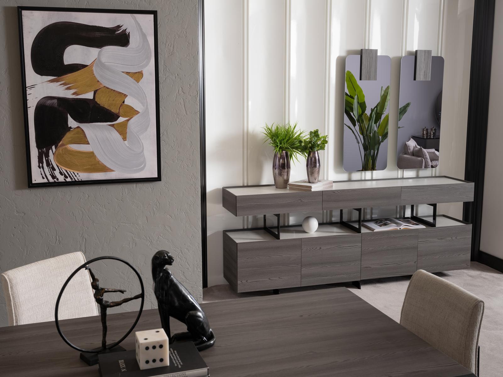 Elegant gray dining room set with sideboard and mirror made of wood.