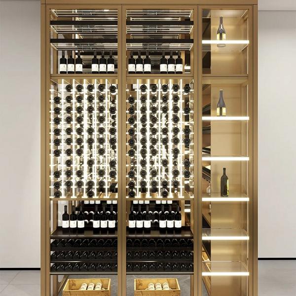 Elegant wine cabinet made of stainless steel in gold with dual temperature zone