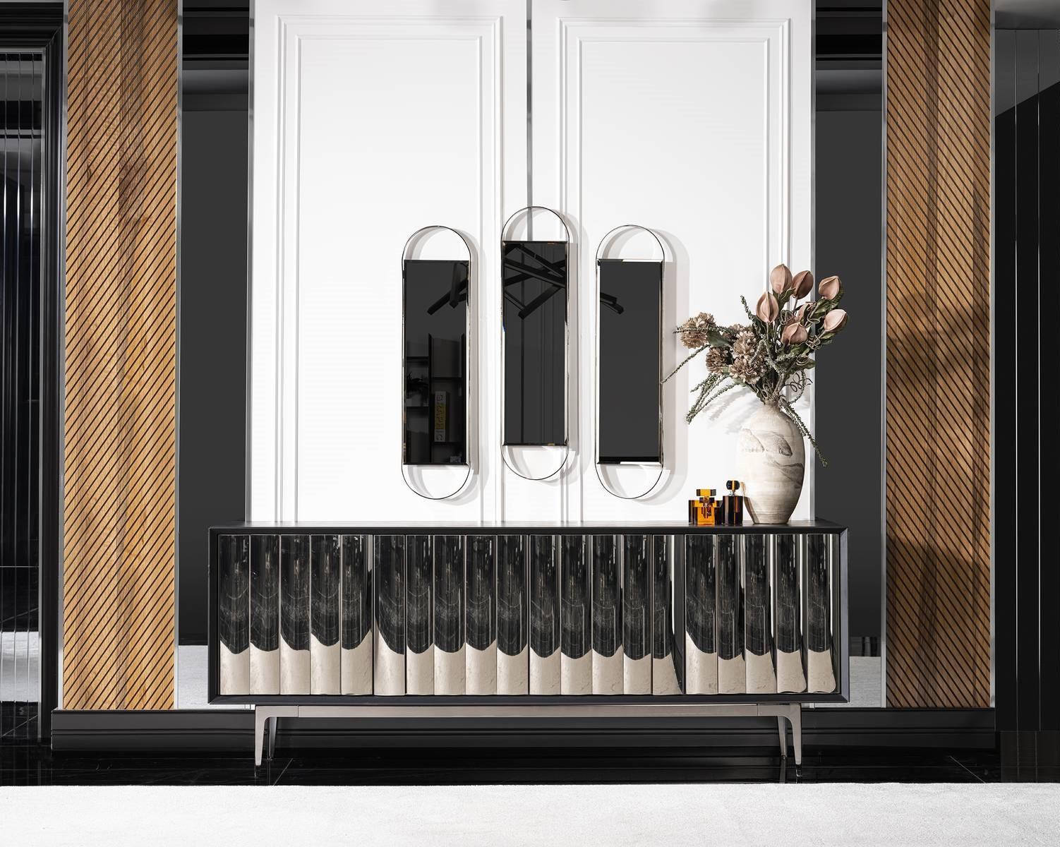 Black modern sideboard made of wood and glass.