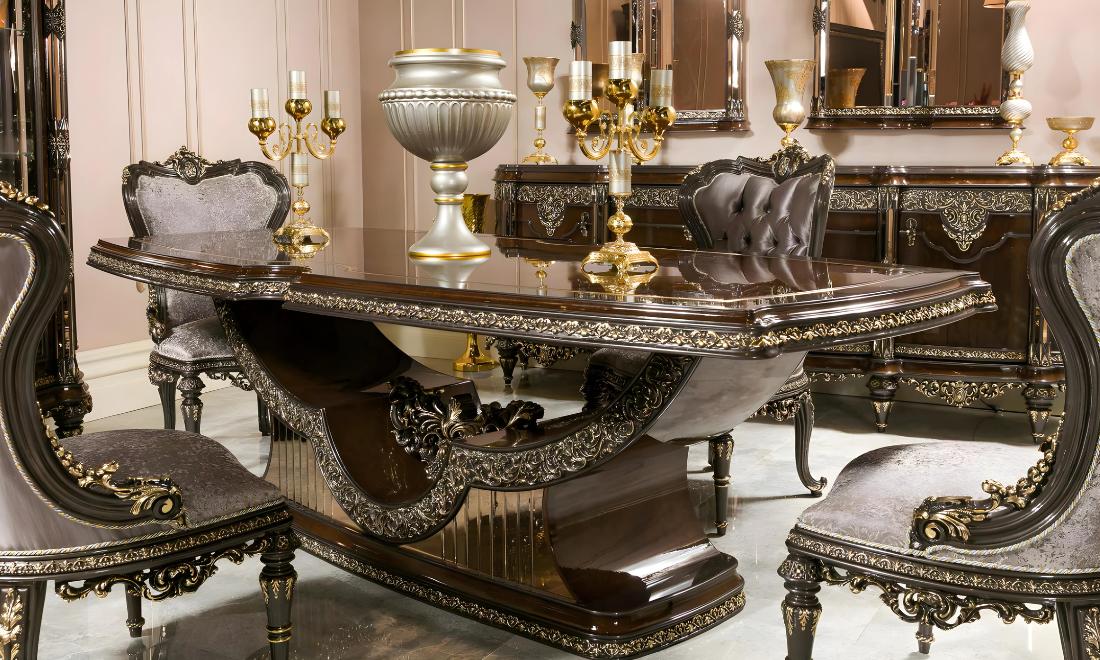 Elegant 10-piece dining room set made of wood in brown with dining table.