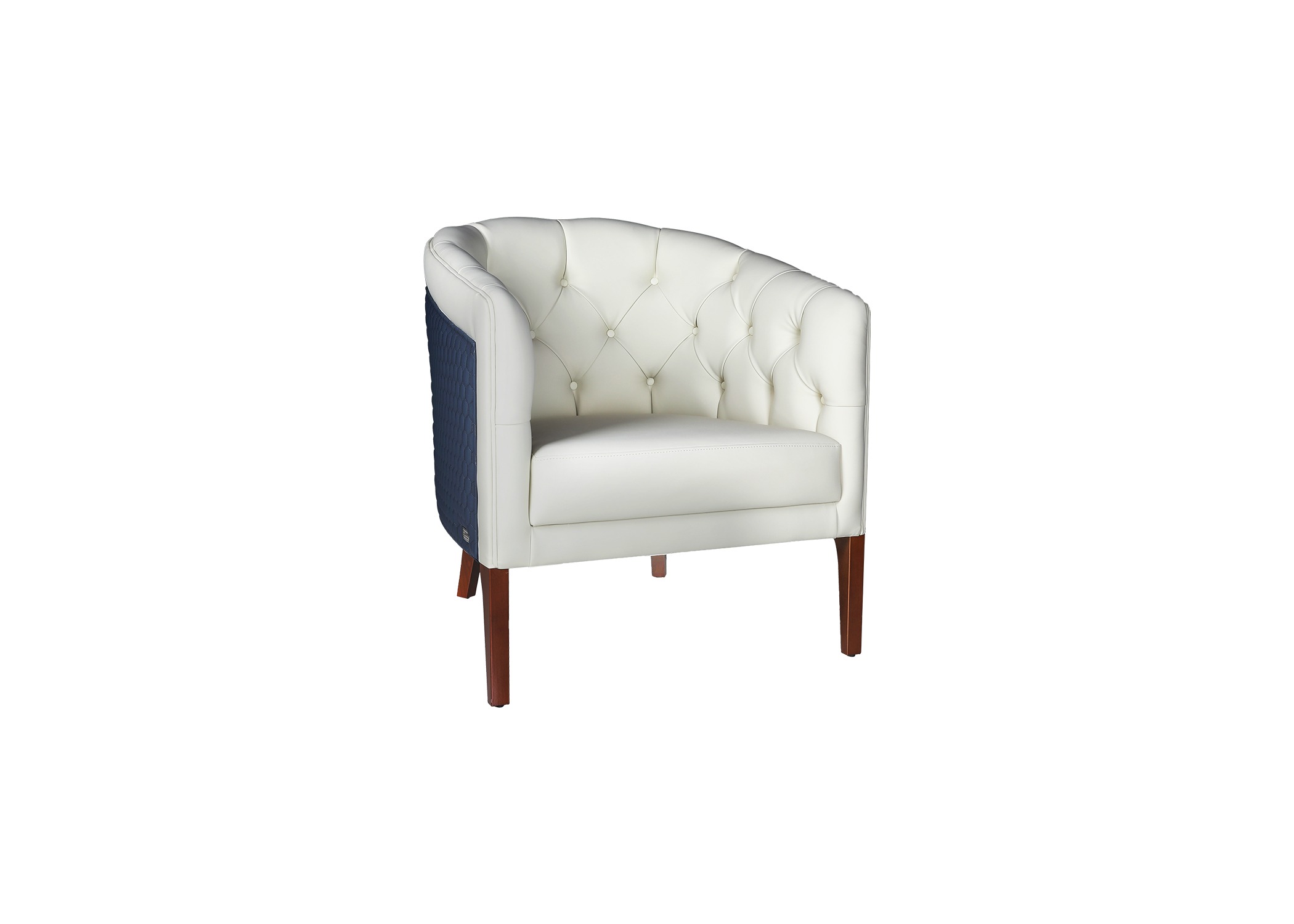 White modern fabric armchairs made of wood and faux leather.