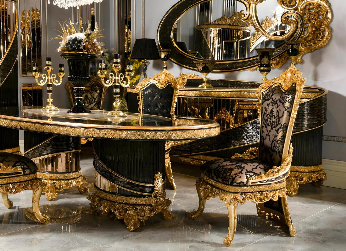 Elegant 9-piece Dining Room Set Black Wood Glass with Mirror