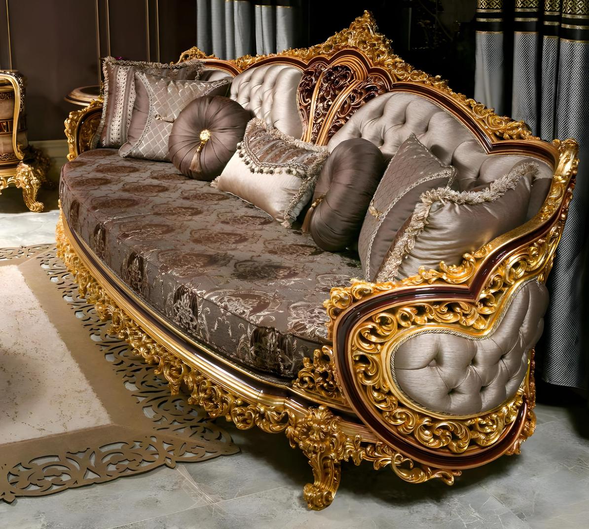 Elegant living room set made of wood and textile in beige.