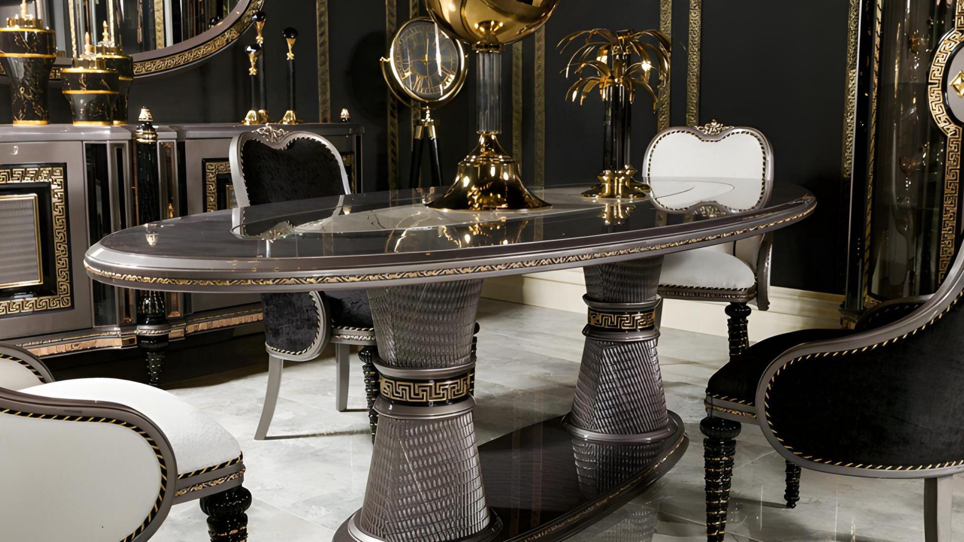 Elegant wooden dining table set with a silver finish for modern interiors.