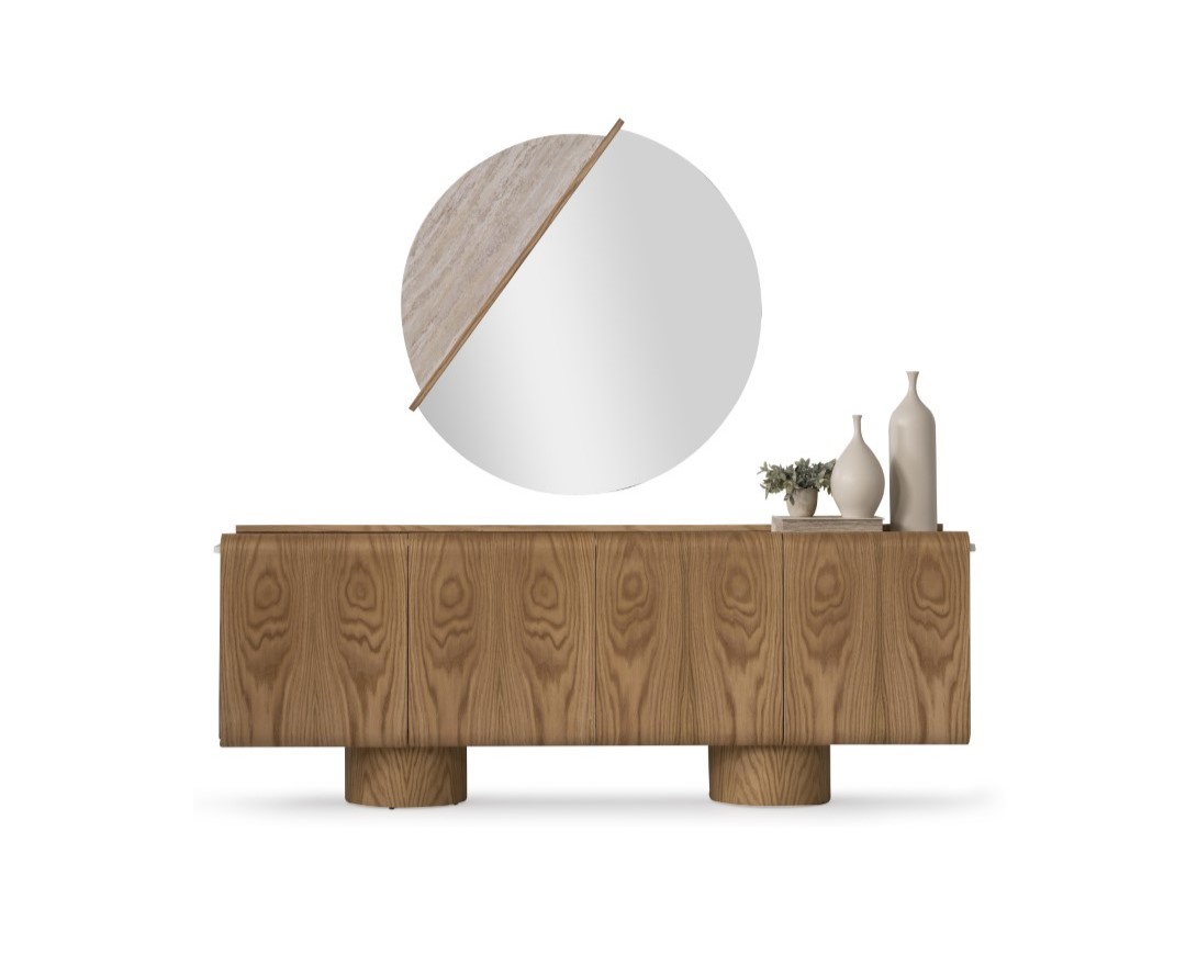 Elegant brown dining room set with sideboard and mirror in modern style.