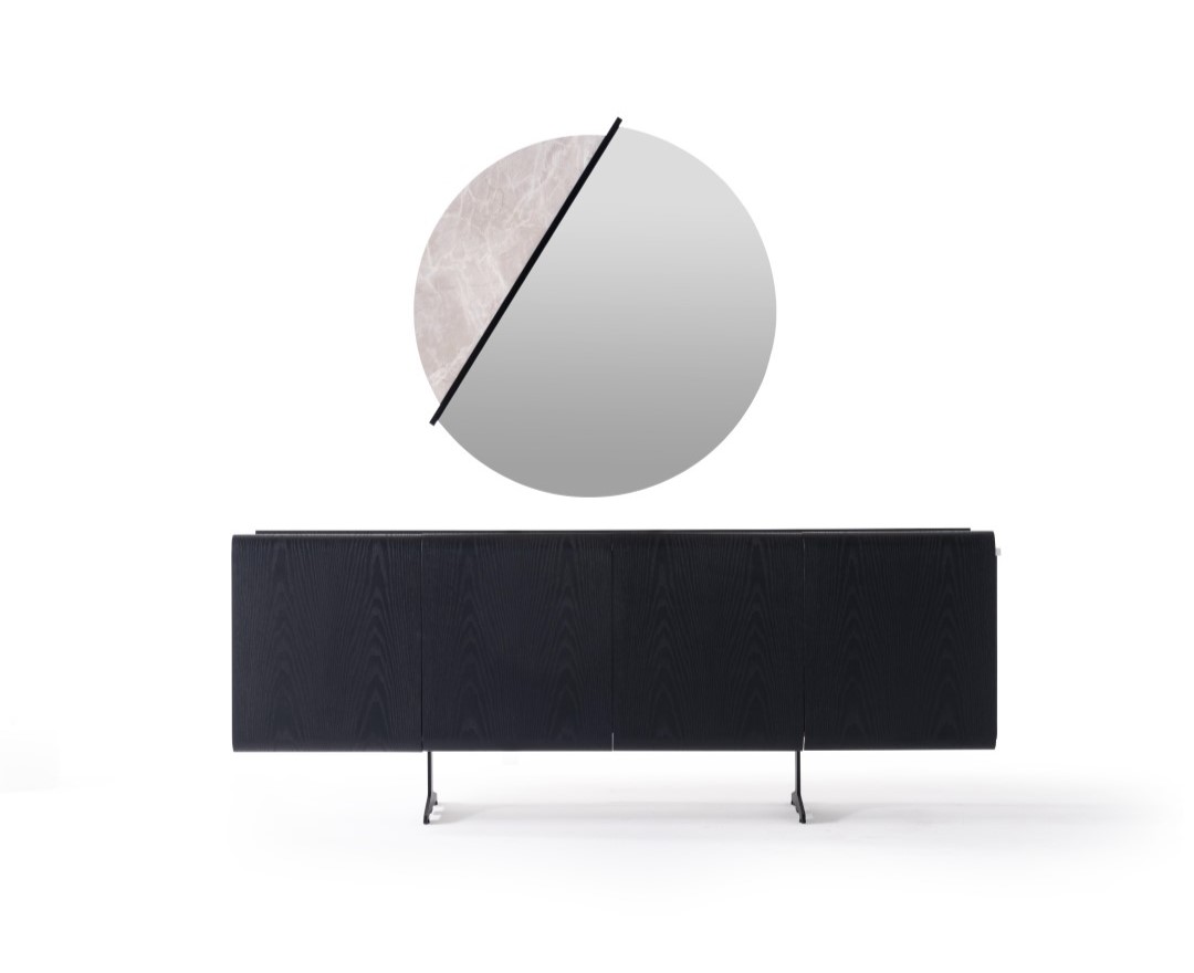 Modern wooden and glass dining table set in black.