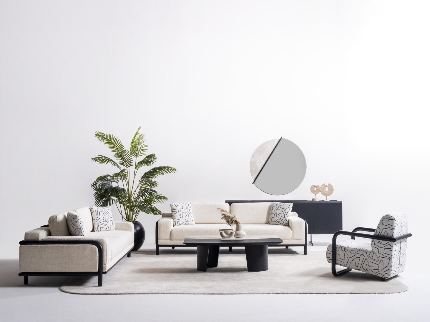 Modern living room set made of wood in beige with sofa and coffee table.