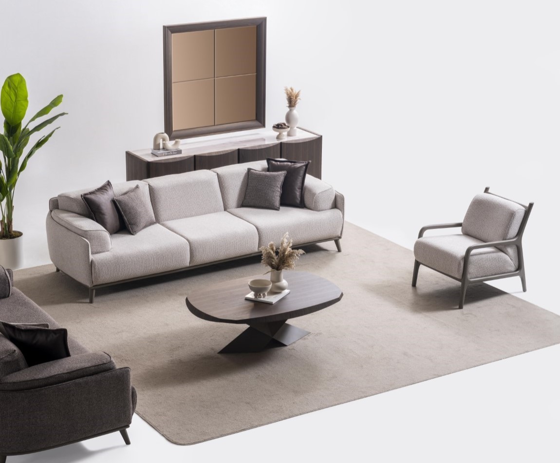Modern gray wooden living room set, 5 pieces, including sofa and coffee table.