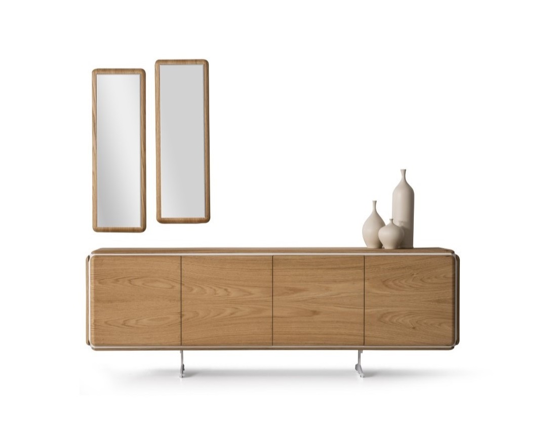 Elegant brown wood set with sideboard and mirror for dining room.