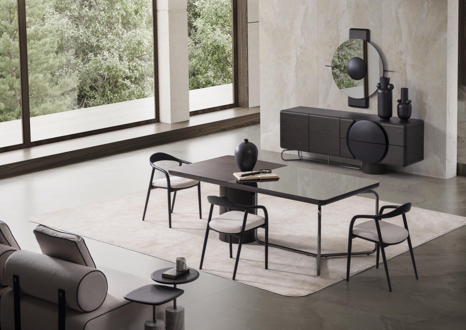 Black dining room set made of wood, modern with mirror, sideboard.