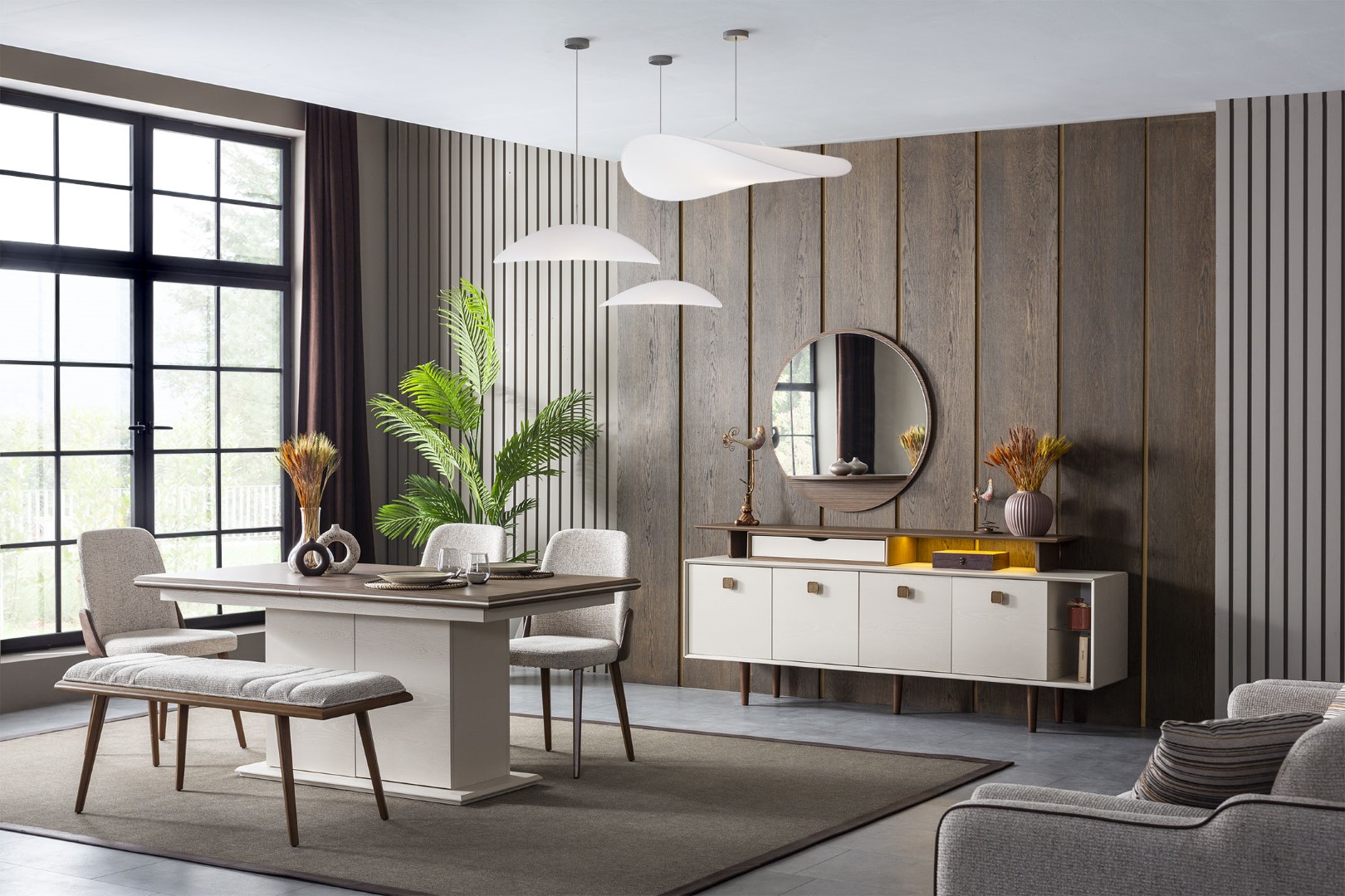 Modern dining room for a stylish home: coziness and simplicity.