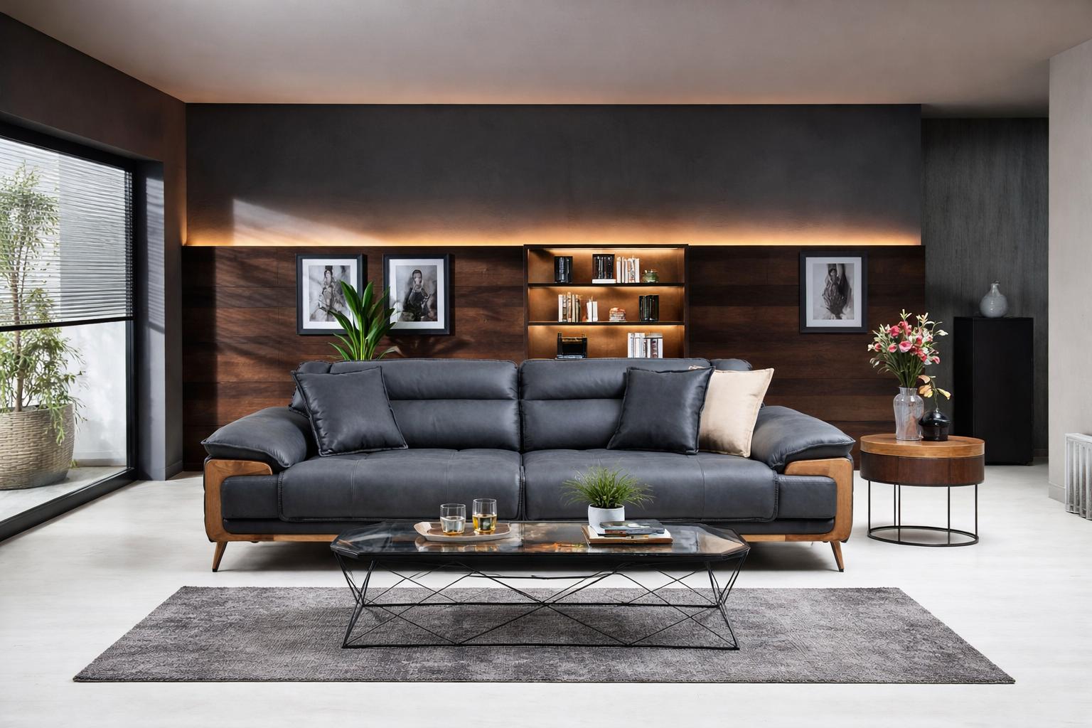Designer Black Leather Couch Modern Living Room Relax Sofa
