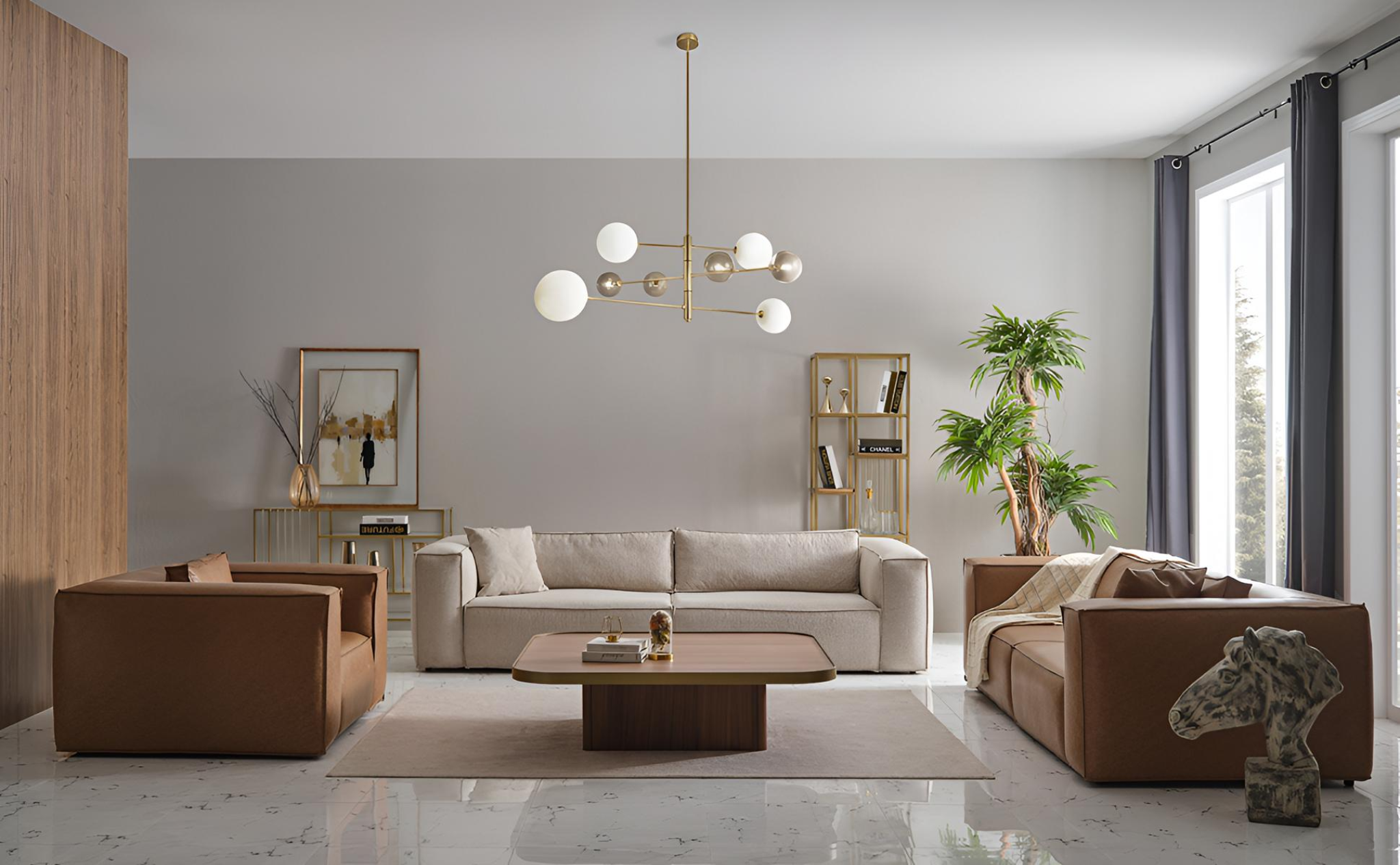 Brown-beige sofa set Deisnger 4-seater leather 3-seater armchair 3-piece