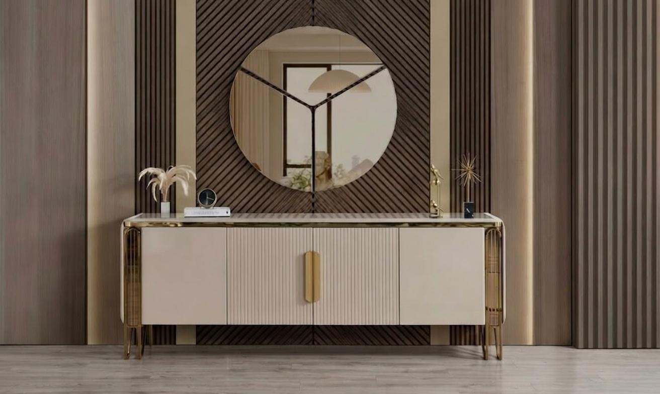 Elegant console table with gold accents and round mirror