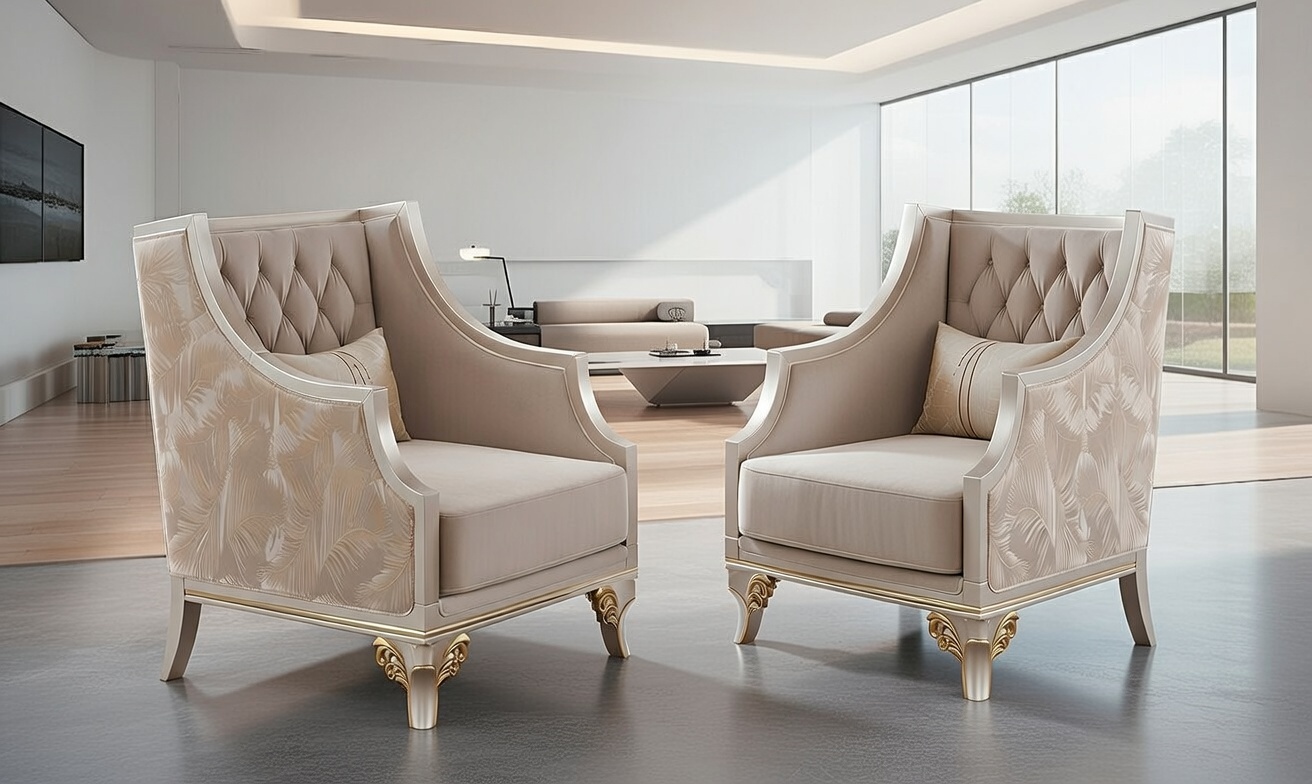 Comfortable armchair set with ergonomic padding and gold accents