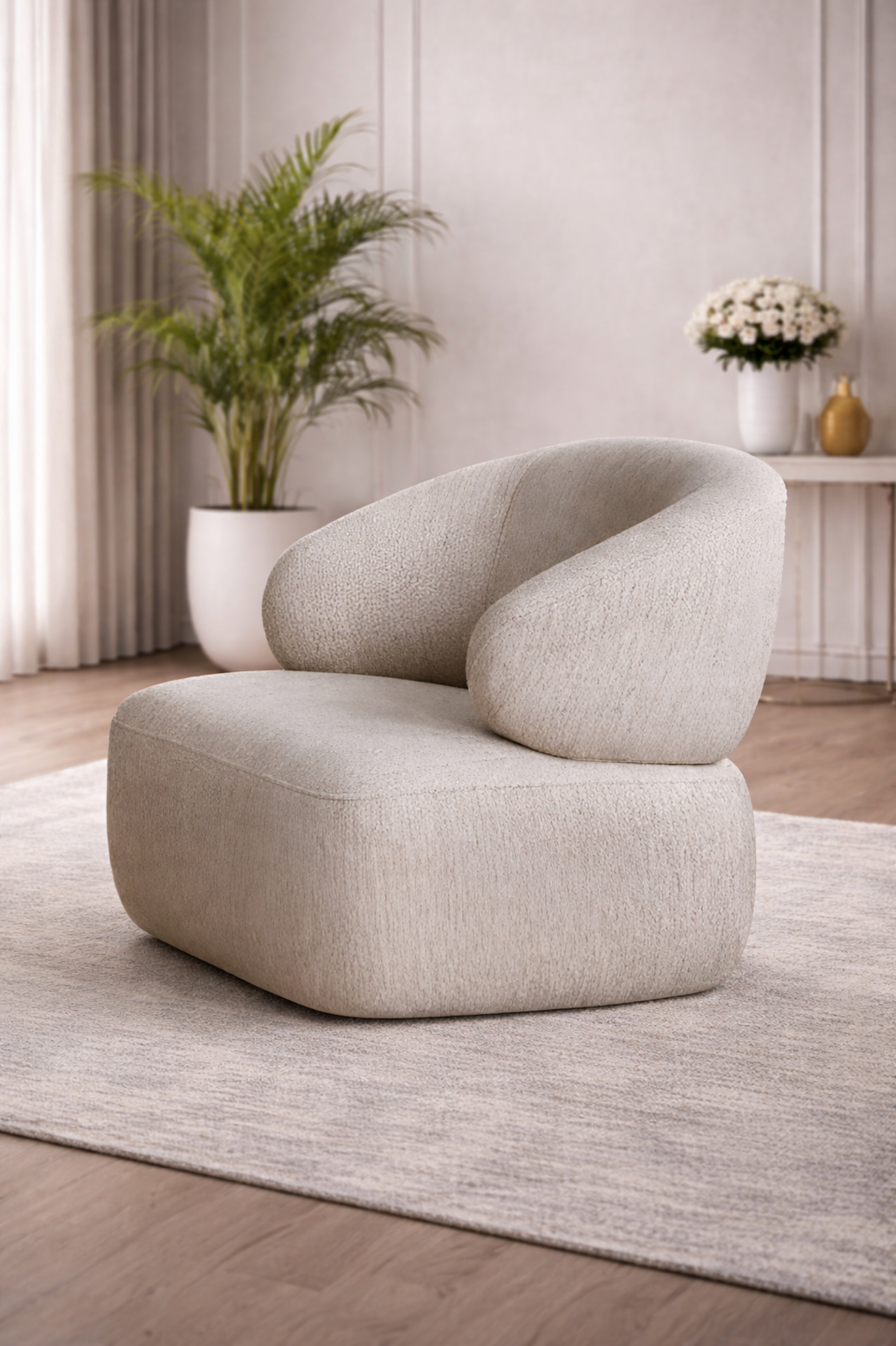 Designer beige single-seater living room armchair. Elegant upholstered furniture armchair
