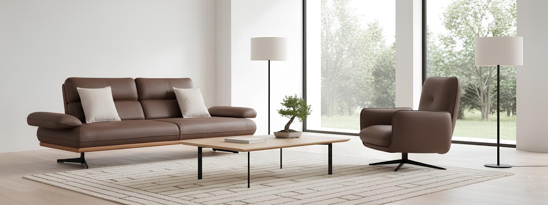 Elegant sofa set 3 seater and armchair in brown faux leather