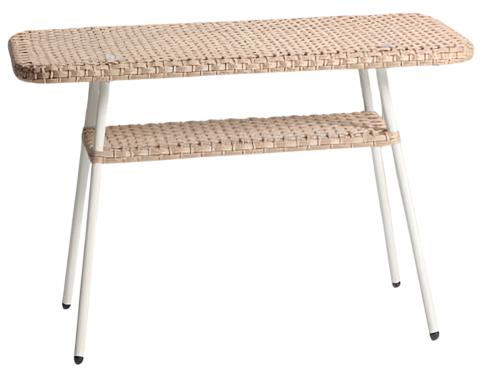 Console table with wicker shelves and white metal legs