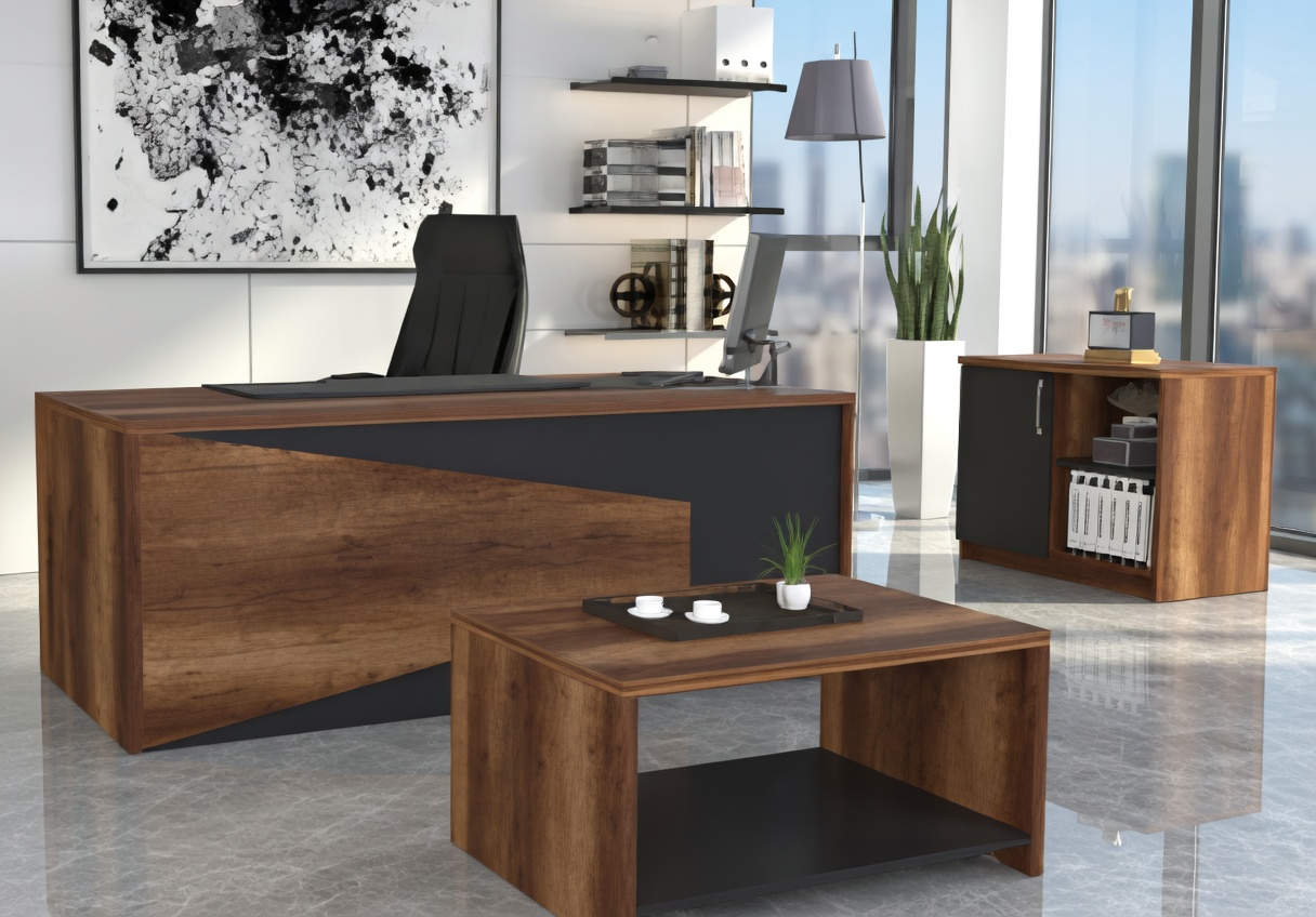 Gray wood desk set with sideboard and modern coffee table