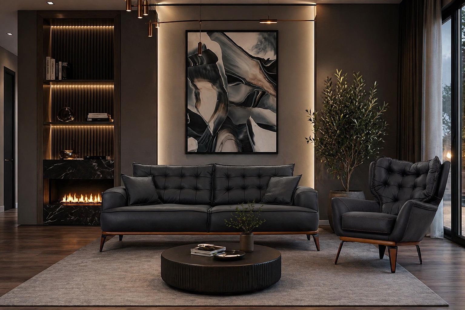 Upholstered set 3-seater sofa armchair leather modern dark blue cushion new