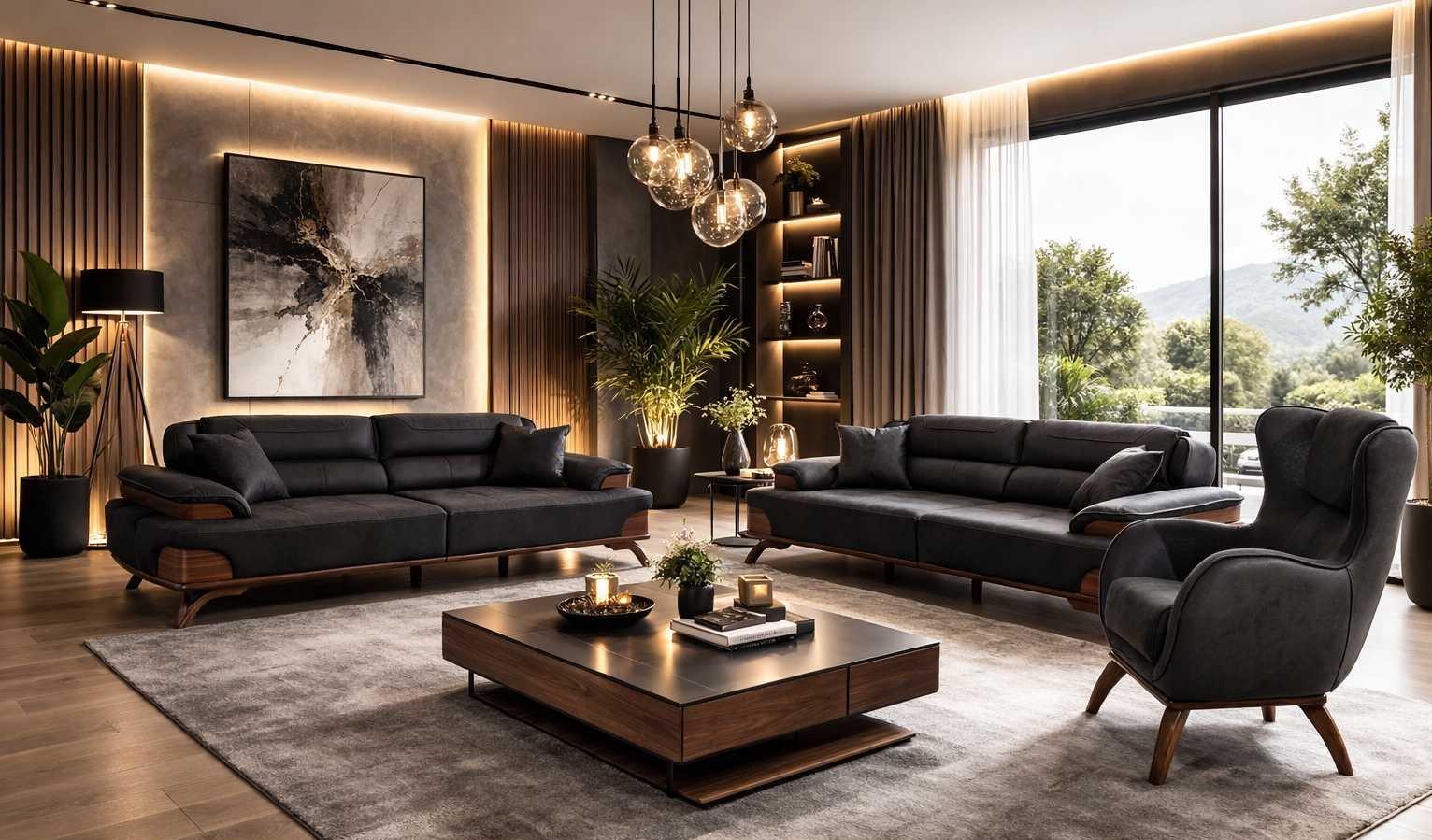 Upholstered set 3 seater sofa leather cushion armchair black modern new