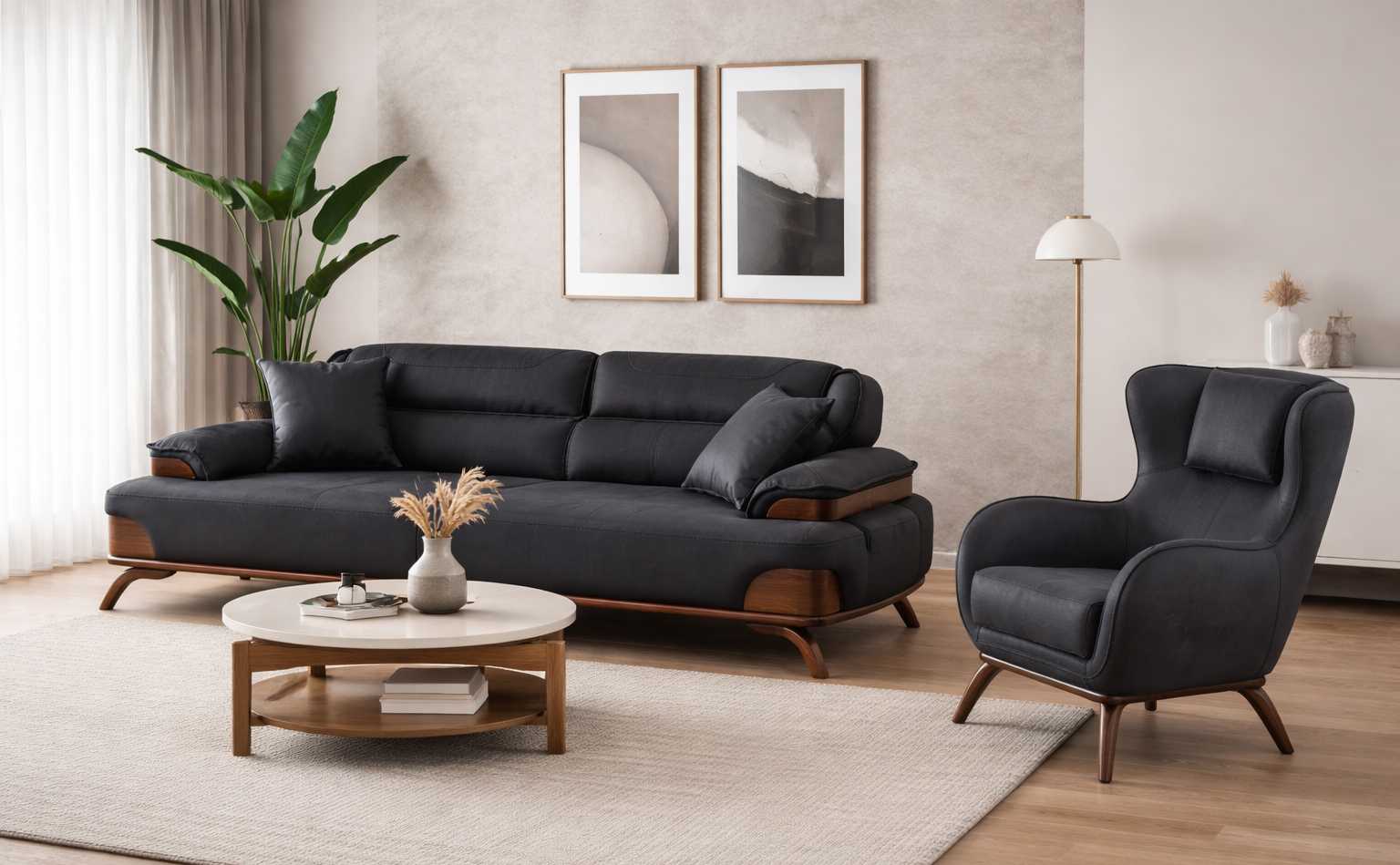 Upholstered set 3 seater sofa leather cushion armchair black elegant new