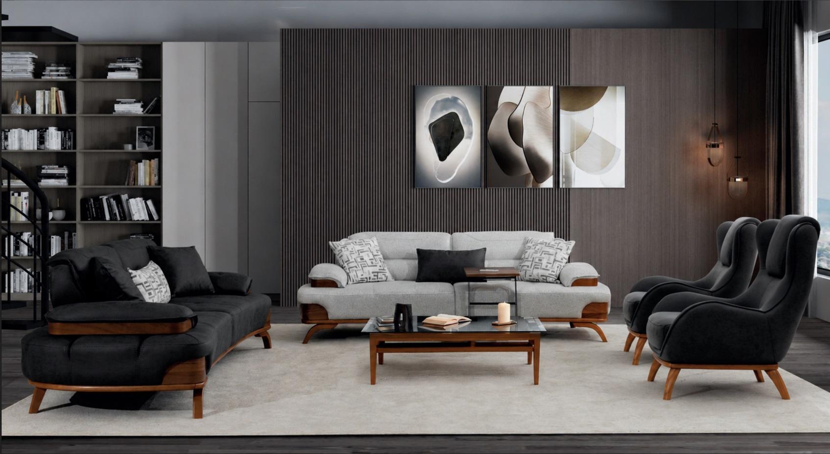 Upholstered set 3-seater sofa armchair leather black gray cushion modern