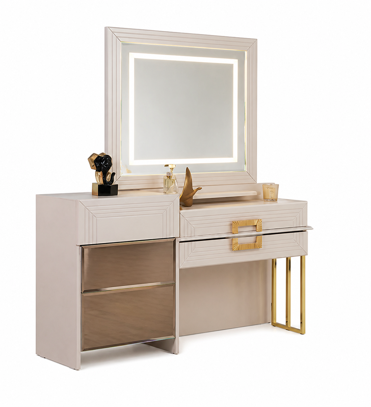 Dressing table with mirror and gold accents Modern beige stylish furniture