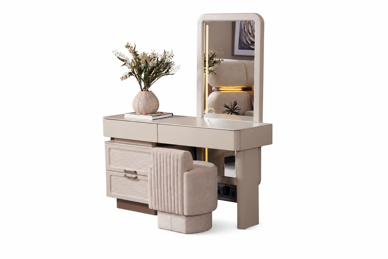Modern Elegant Dressing Table Cream LED Mirror Dressing Table Stool