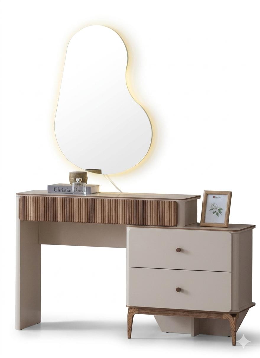Modern Skandi dressing table wooden grooves LED mirror drawers beige