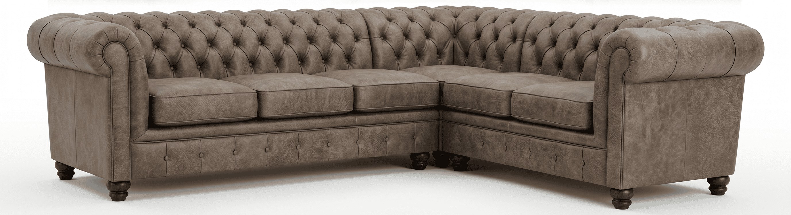 Großes braunes L-förmiges Ecksofa Chesterfield Ledersofa mit gestepptem Bezug