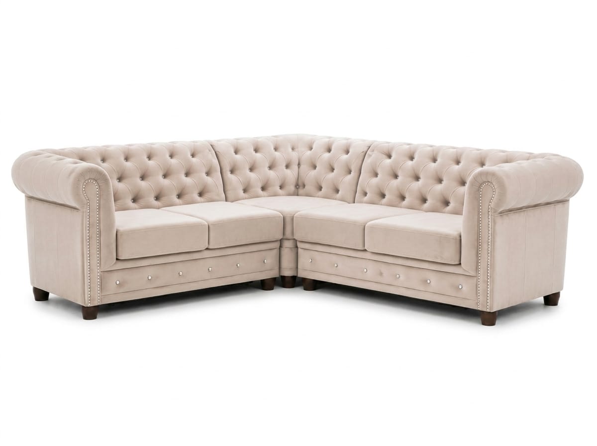 Beige L-shaped fabric corner sofa classic quilted sofa Chesterfield