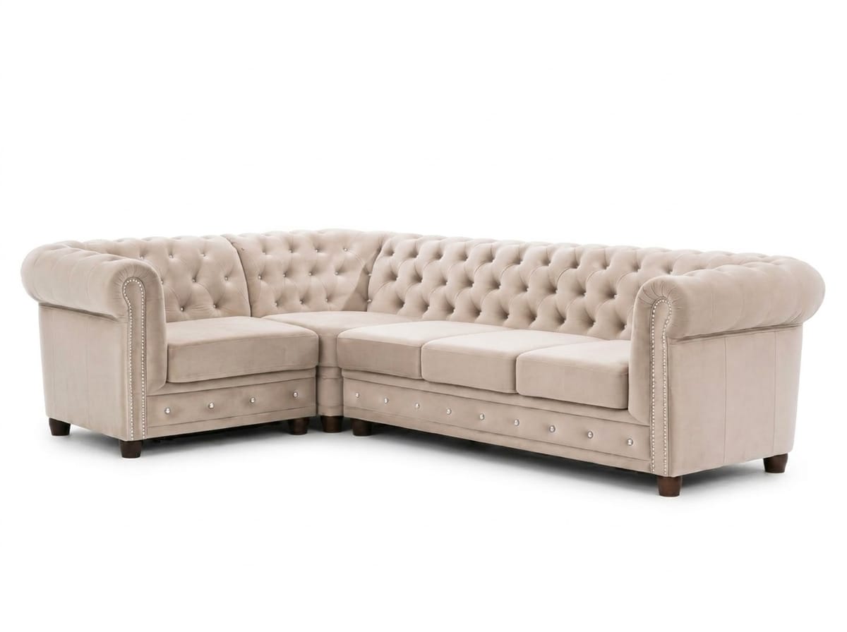 Beige L-shaped corner sofa quilted sofa Chesterfield classic style