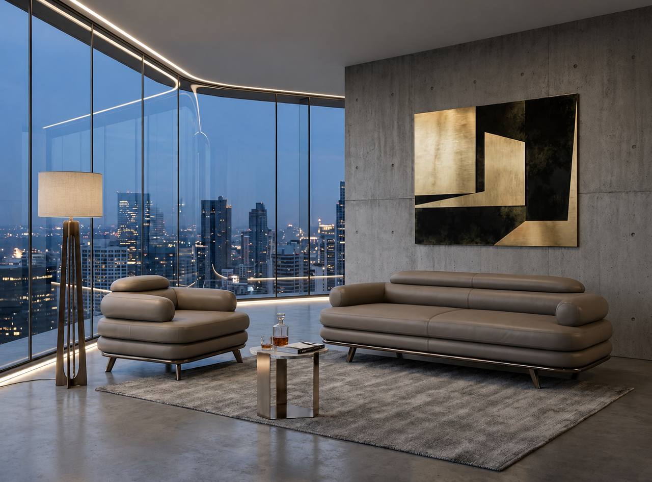 Gray living room sofa set. Stylish 3-seater lounge chair