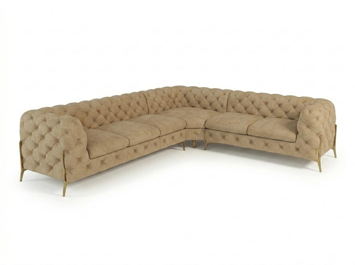 Light brown L shaped corner sofa gold feet quilted sofa chesterfield