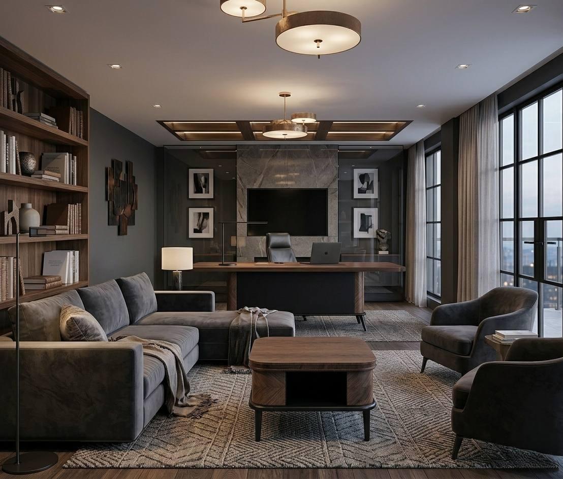 Modern brown office set, exclusive coffee table, elegant metal frame
