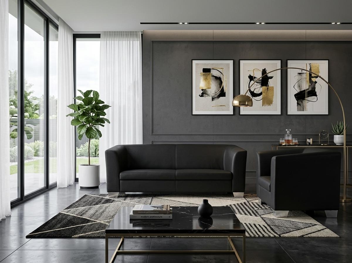 Luxuriöses schwarzes Wohnzimmer-Set 3-Sitzer-Sofa Ledersofa und Sessel