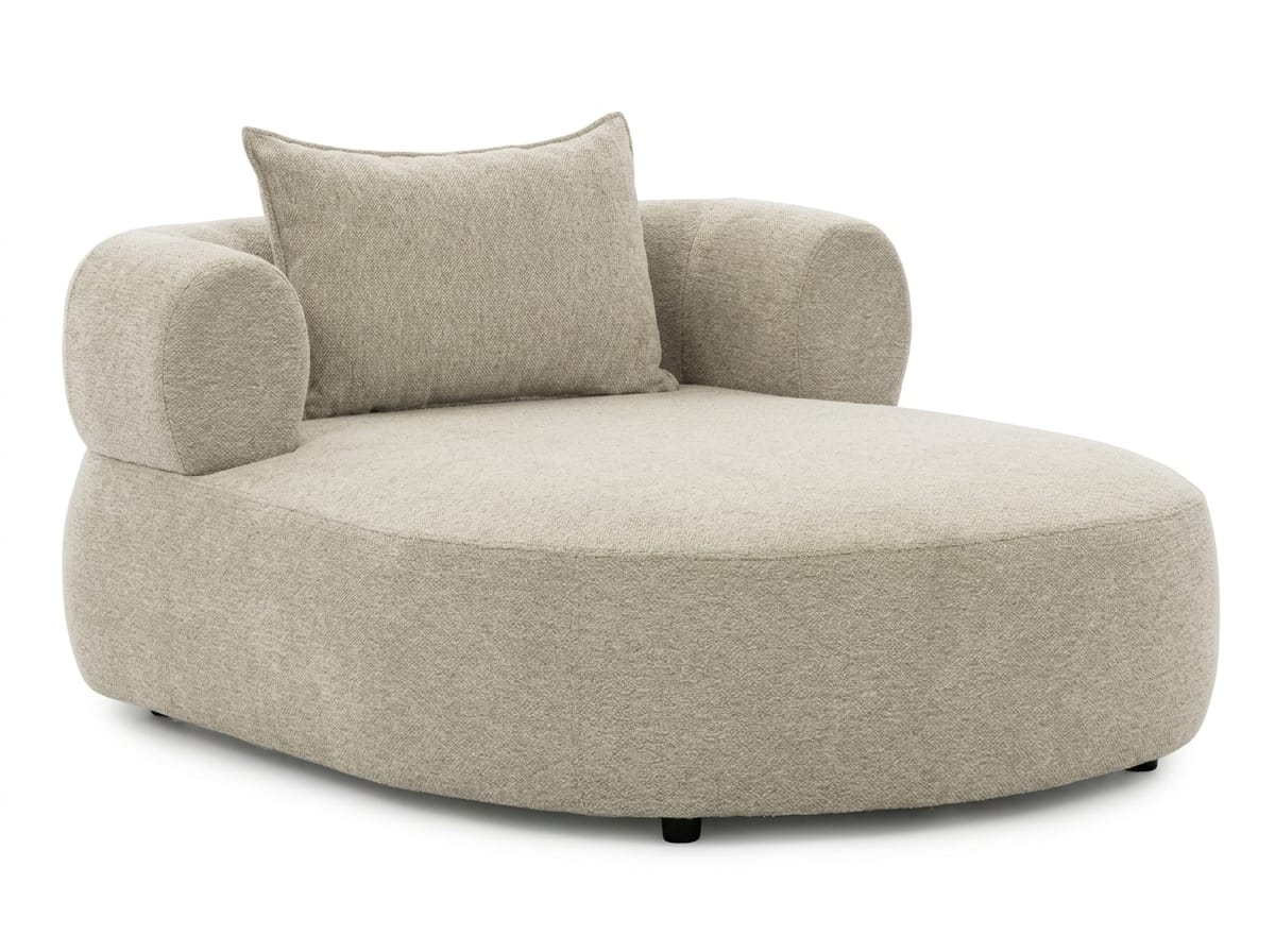 Beige upholstered armchair, comfortable semi-circular armchair, upholstered furniture, living room