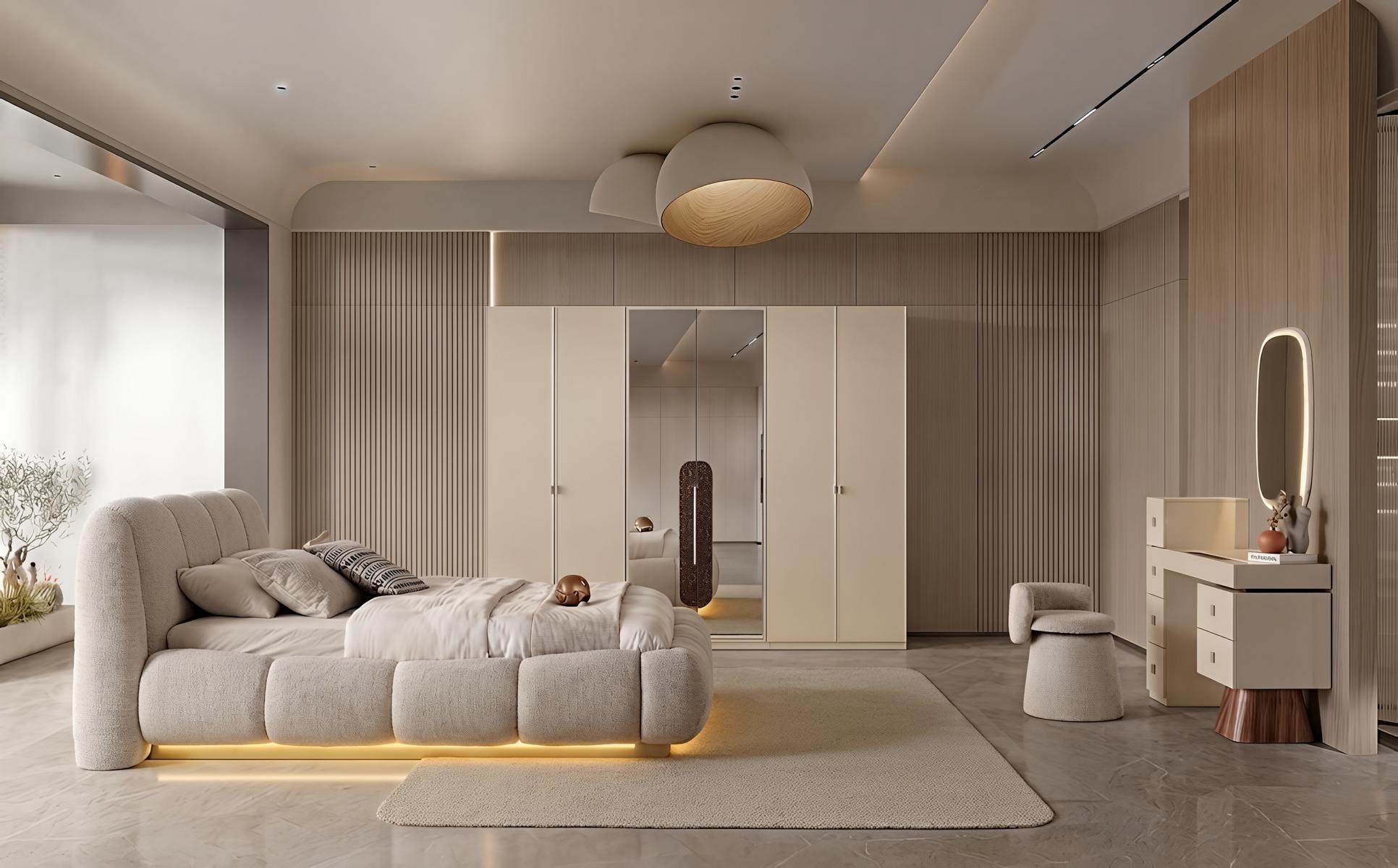 Schlafzimmer Set Bett Schrank Frisiertisch Hocker Spiegel Modern Beige